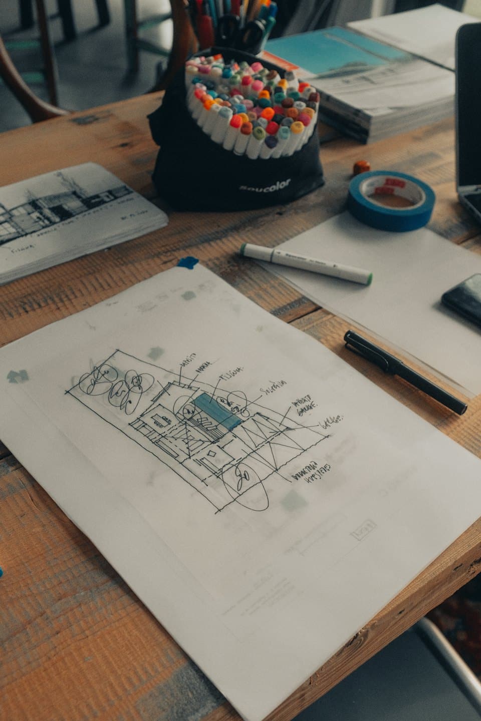 Architectural blueprint and art supplies on a wooden desk.